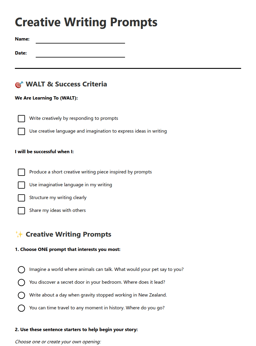 Creative Writing Prompts worksheet preview