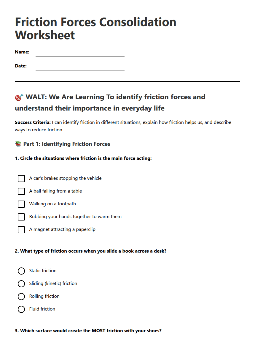 Friction Forces Consolidation Worksheet worksheet preview