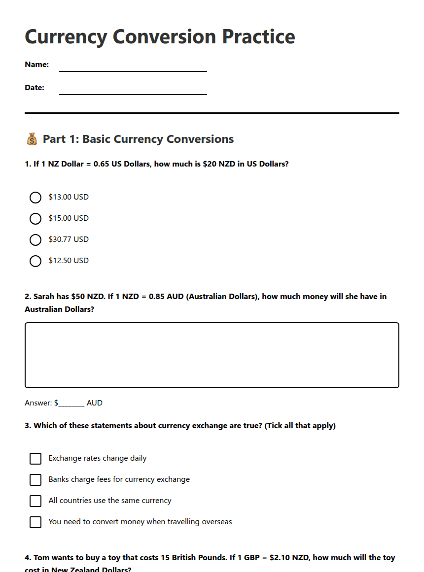 Currency Conversion Practice worksheet preview