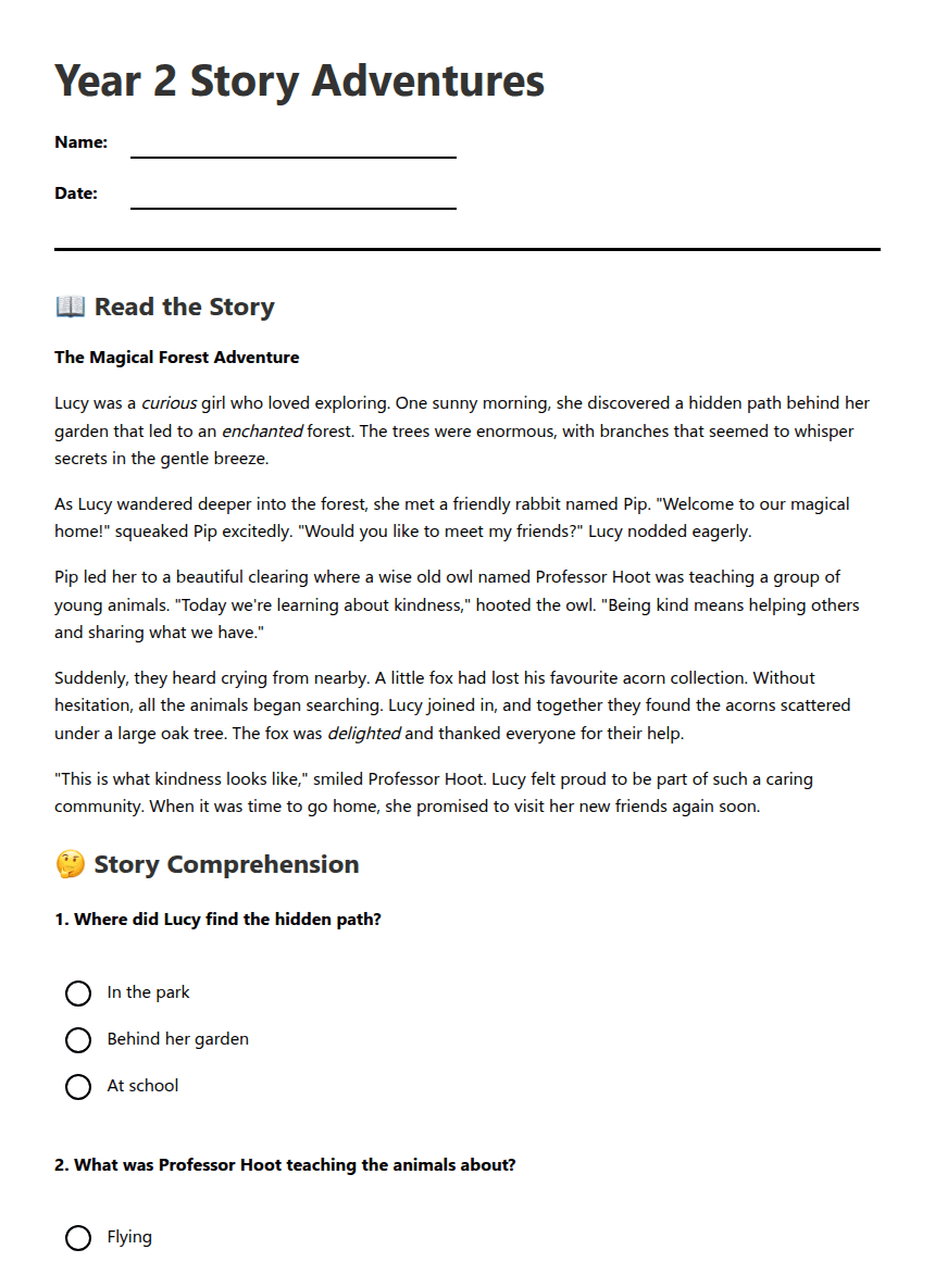 Year 2 Story Adventures worksheet preview