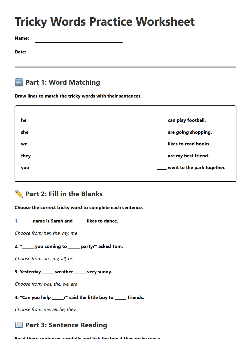 Tricky Words Practice Worksheet worksheet preview