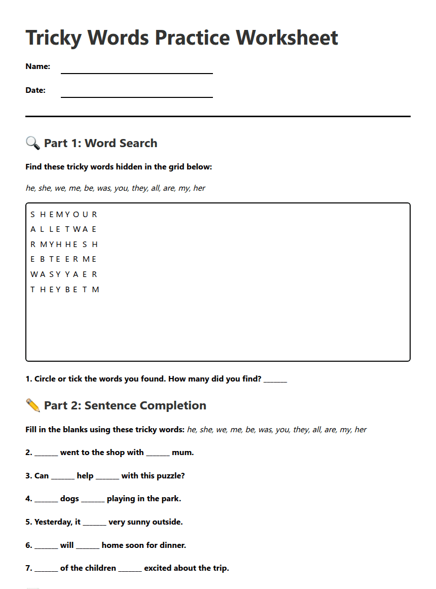 Tricky Words Practice Worksheet worksheet preview