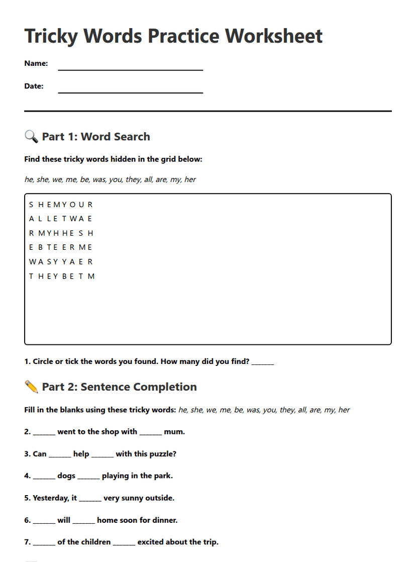 Tricky Words Practice Worksheet