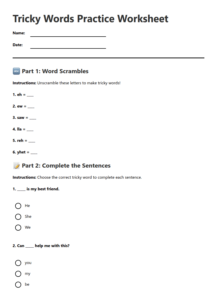Tricky Words Practice Worksheet worksheet preview