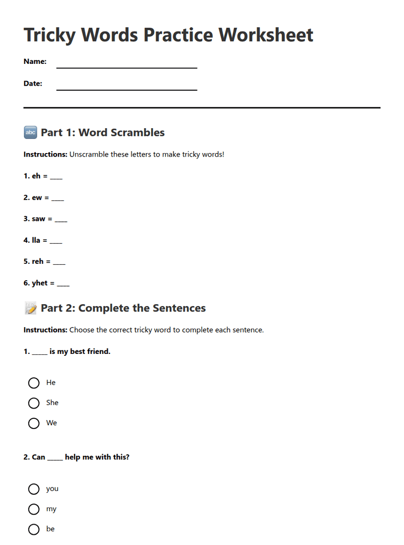 Tricky Words Practice Worksheet