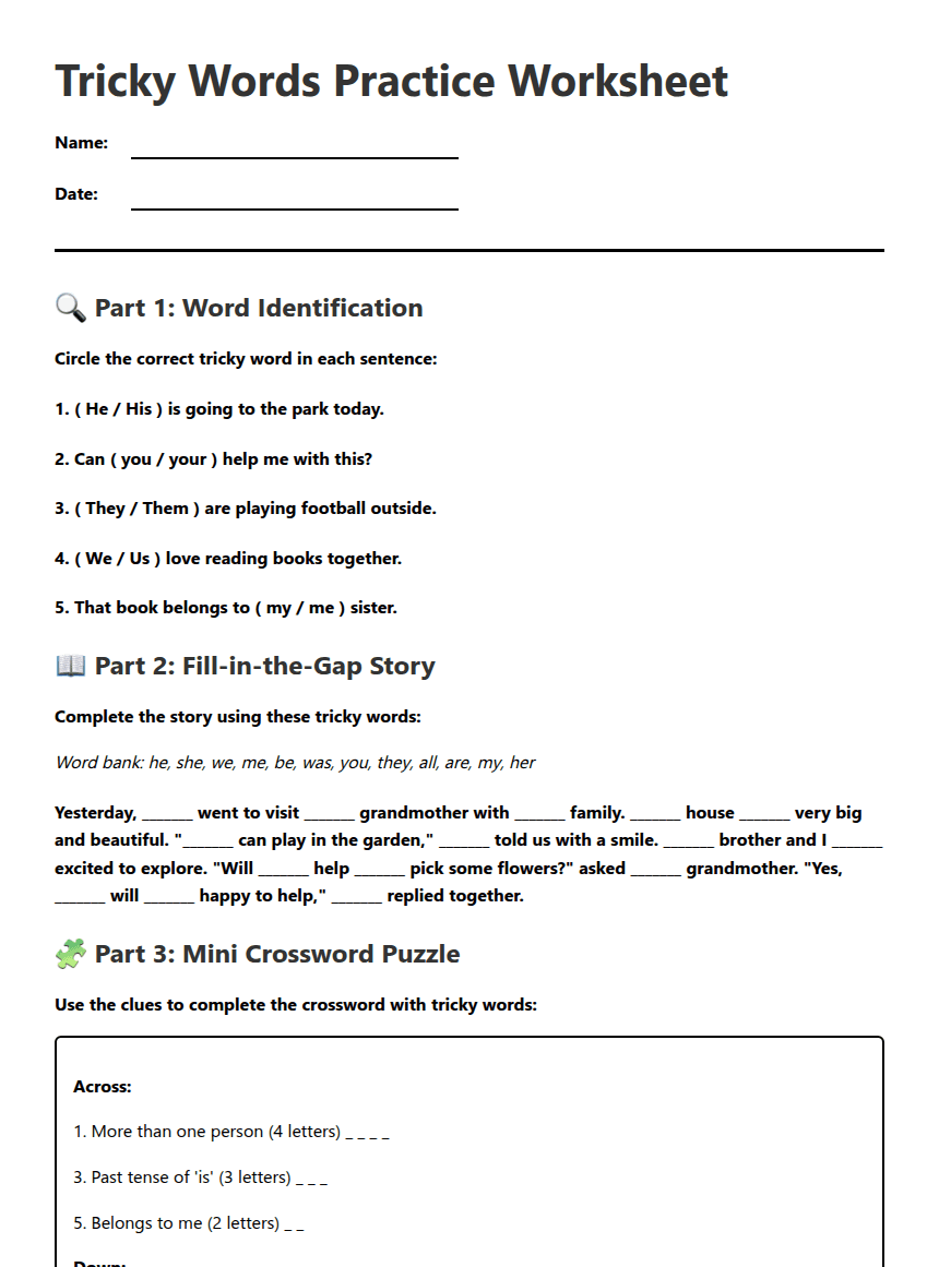Tricky Words Practice Worksheet worksheet preview