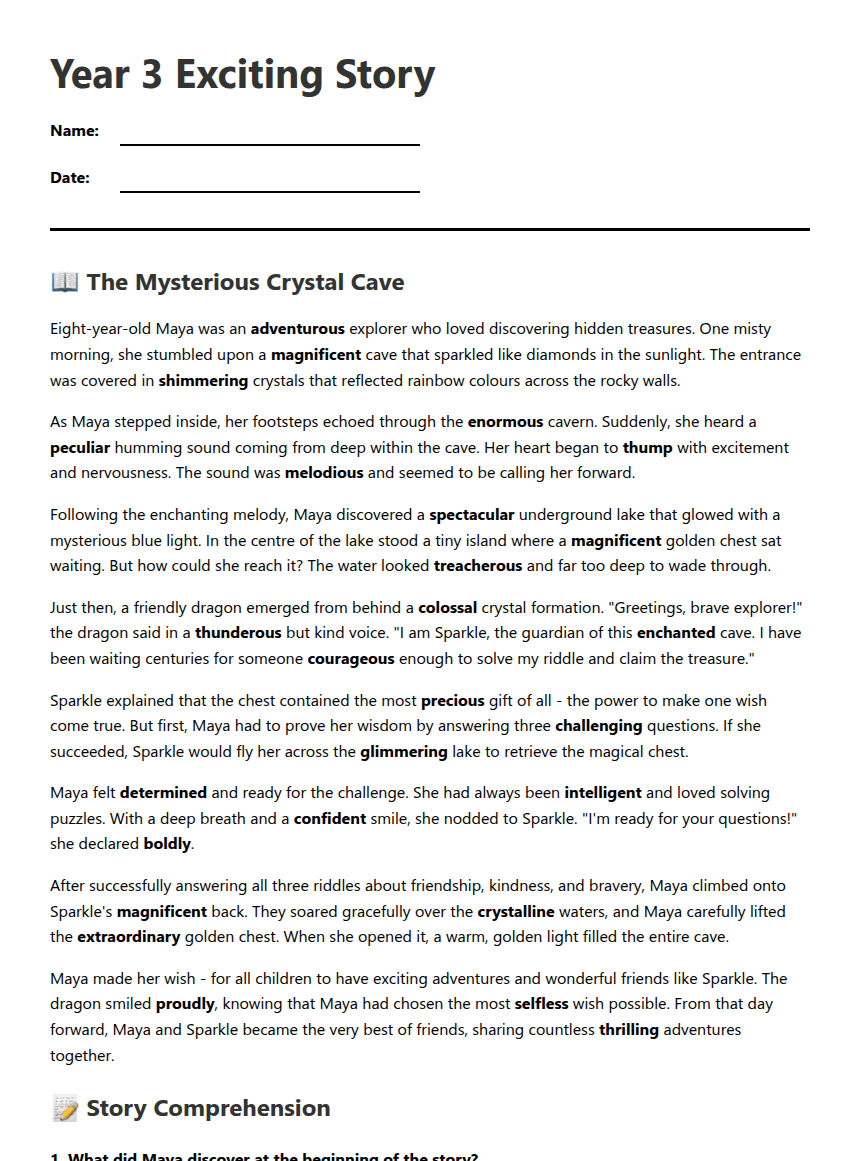 Year 3 Exciting Story worksheet preview