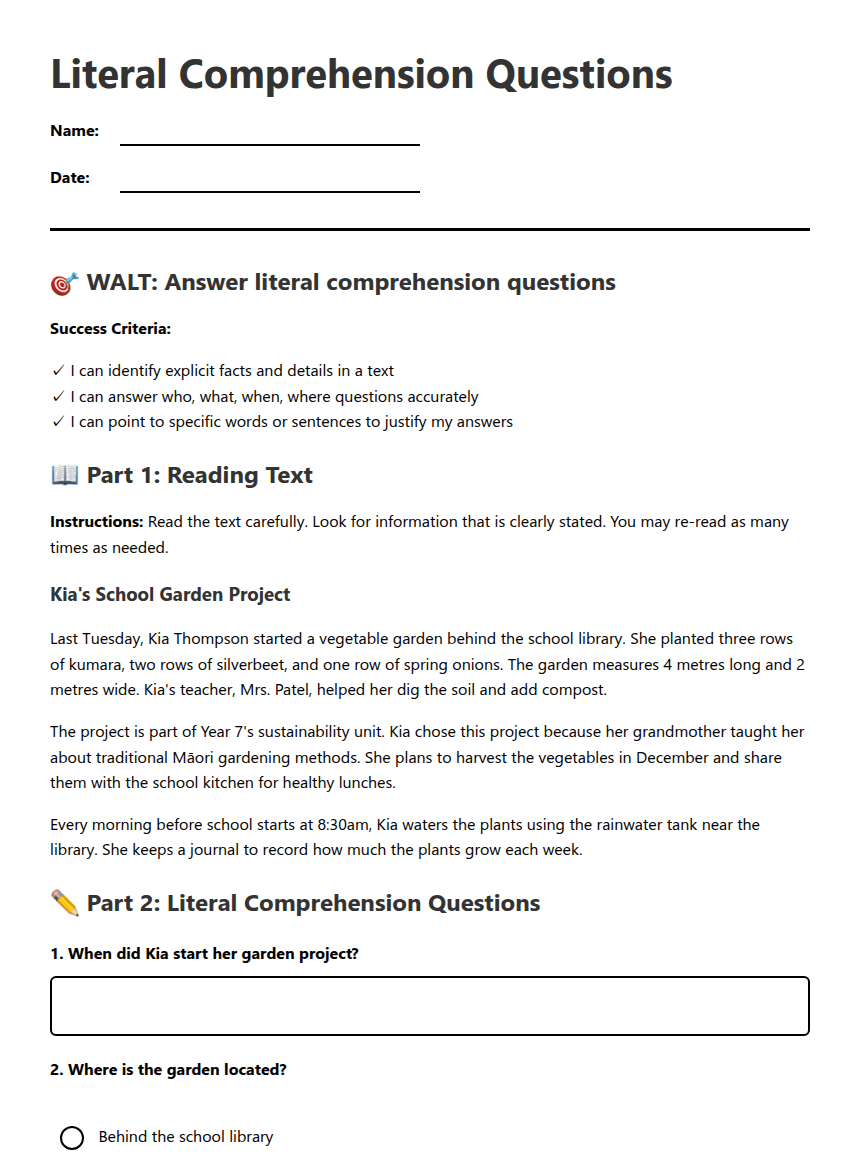 Literal Comprehension Questions worksheet preview