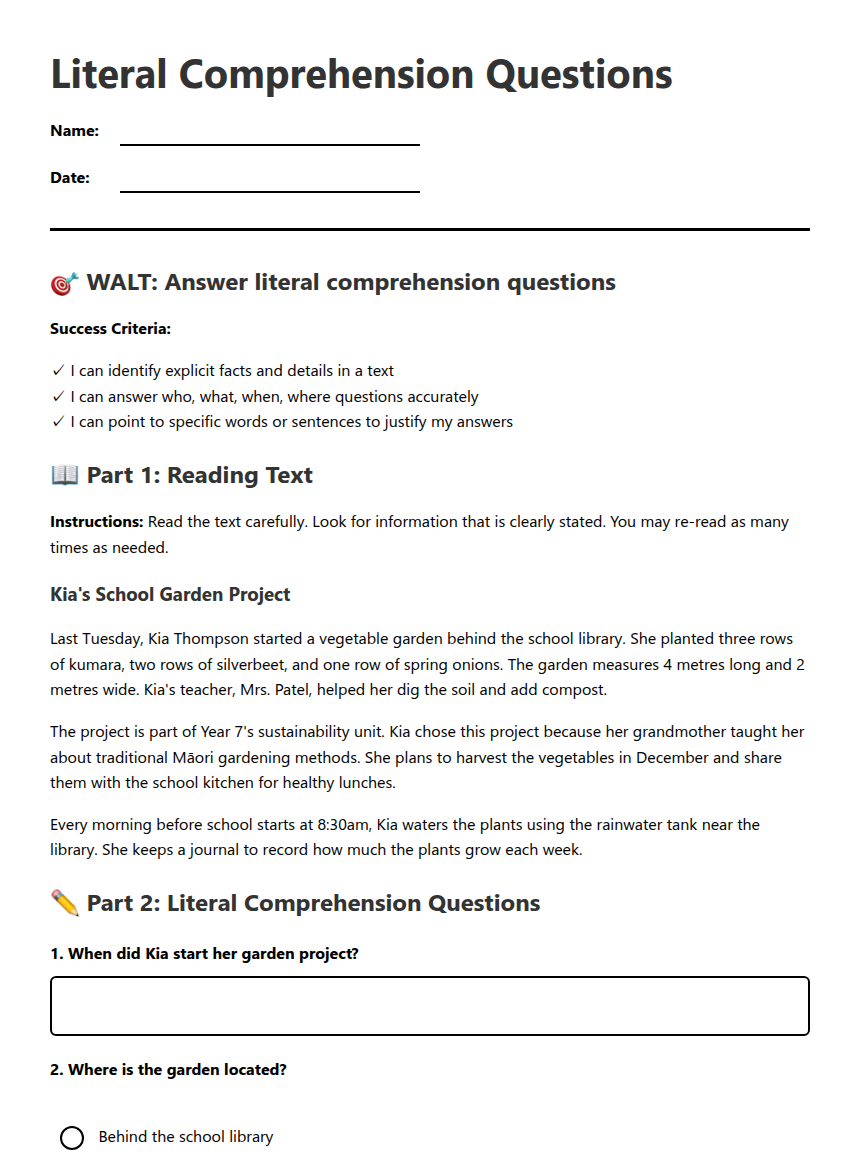 Literal Comprehension Questions