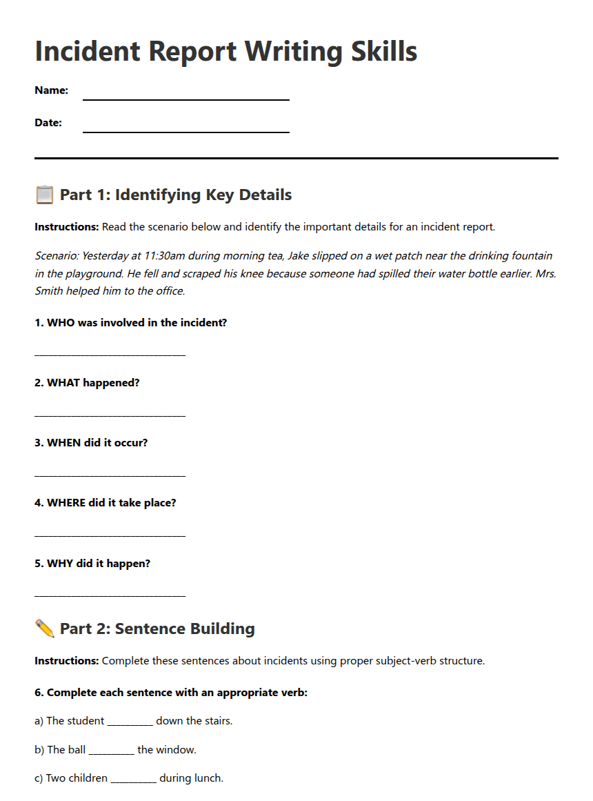 Incident Report Writing Skills worksheet preview