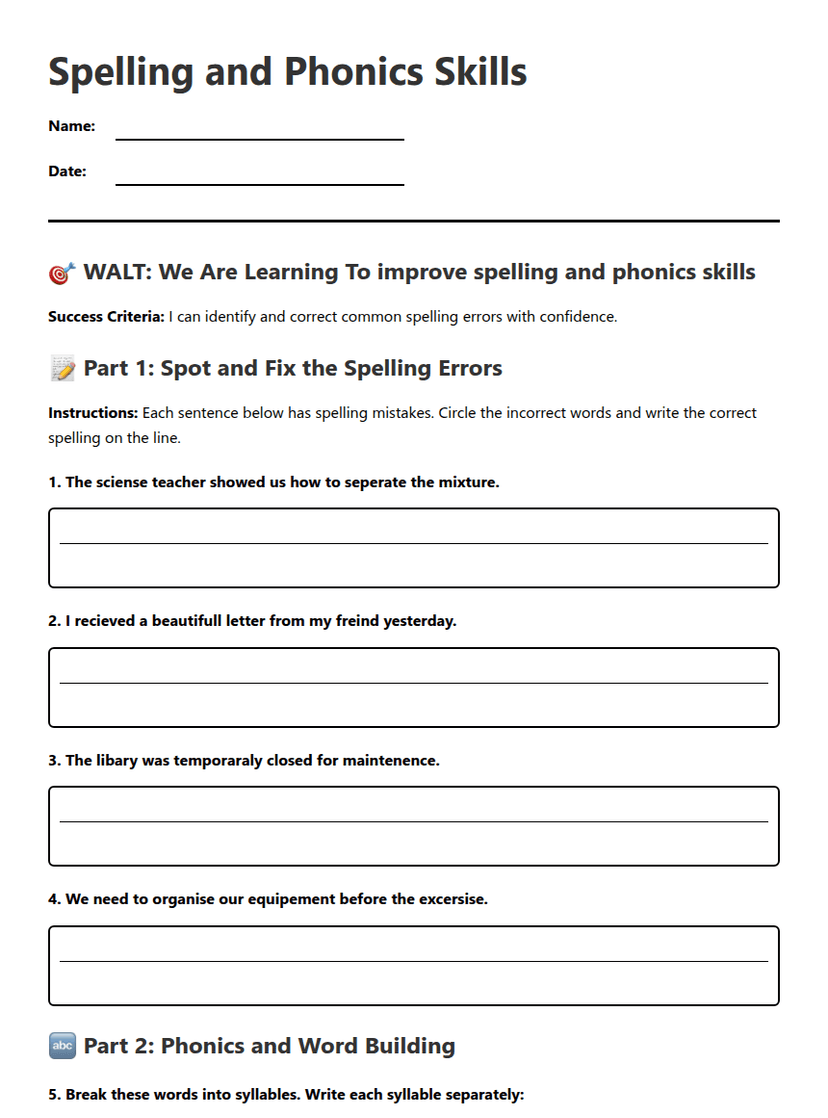 Spelling and Phonics Skills
