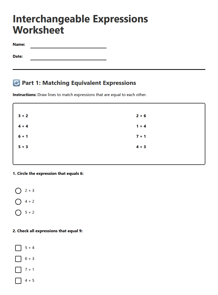 Interchangeable Expressions Worksheet worksheet preview