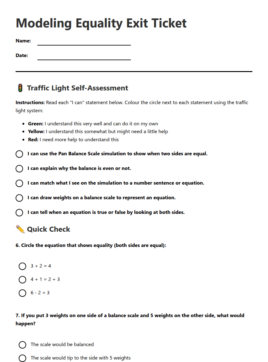 Modeling Equality Exit Ticket worksheet preview