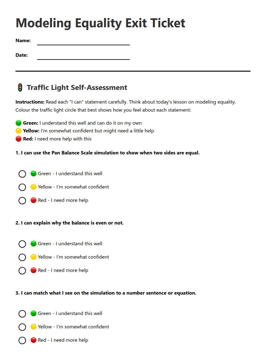 Modeling Equality Exit Ticket worksheet preview