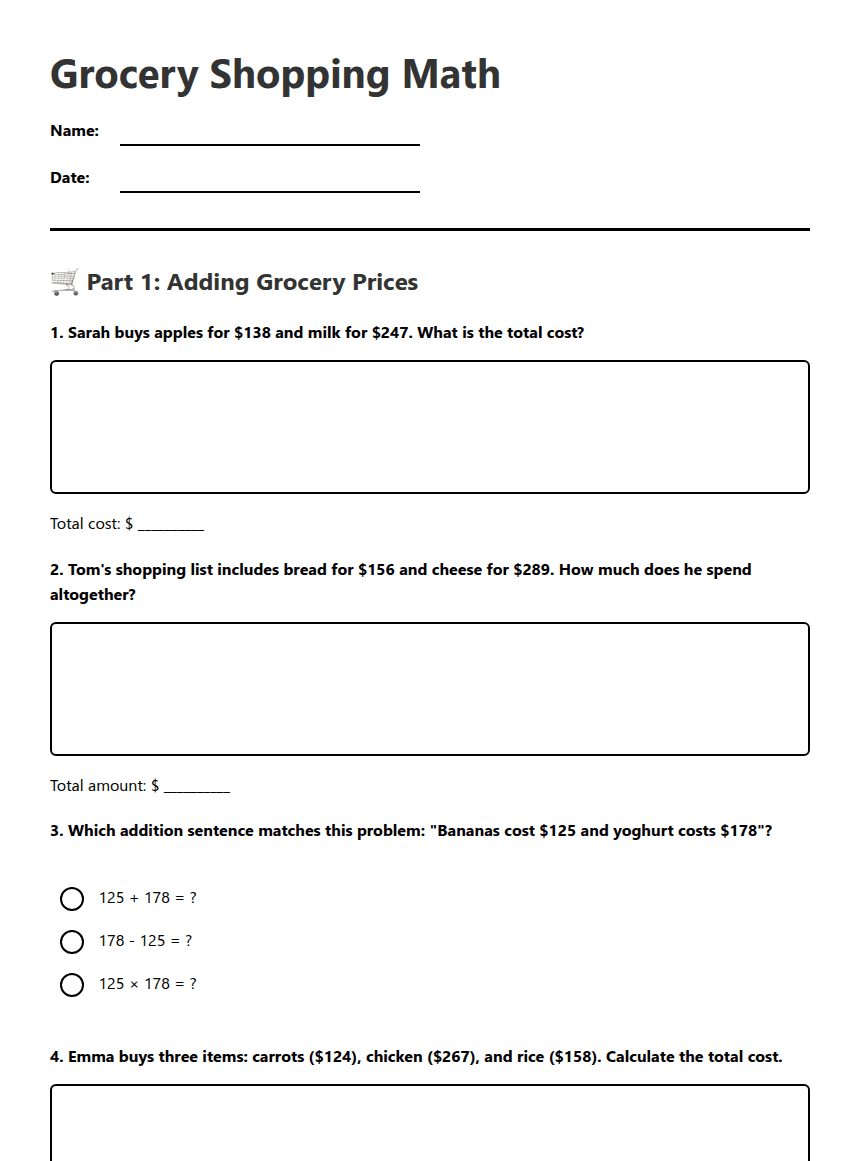 Grocery Shopping Math worksheet preview