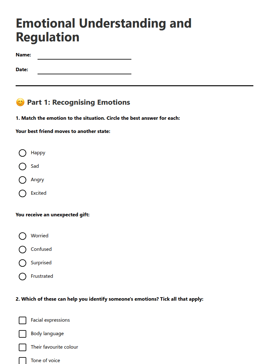 Emotional Understanding and Regulation worksheet preview