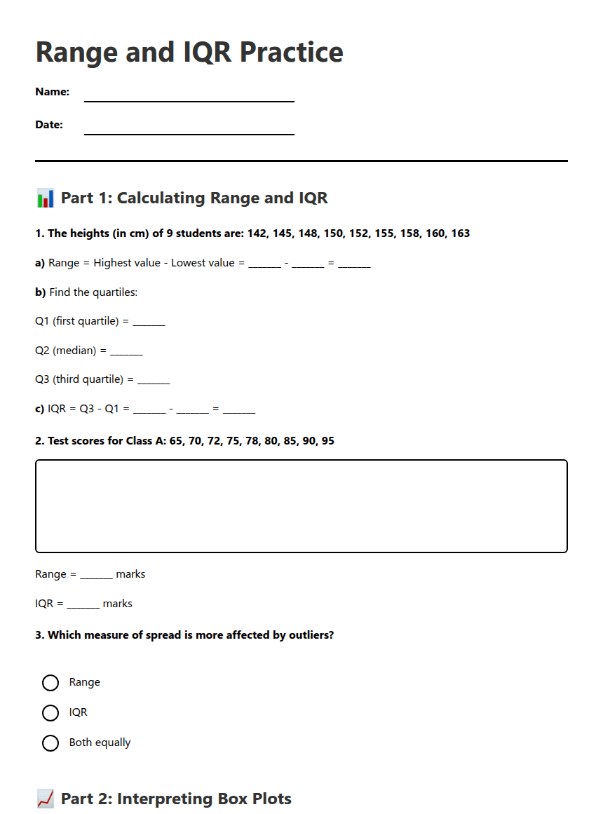 Range and IQR Practice worksheet preview