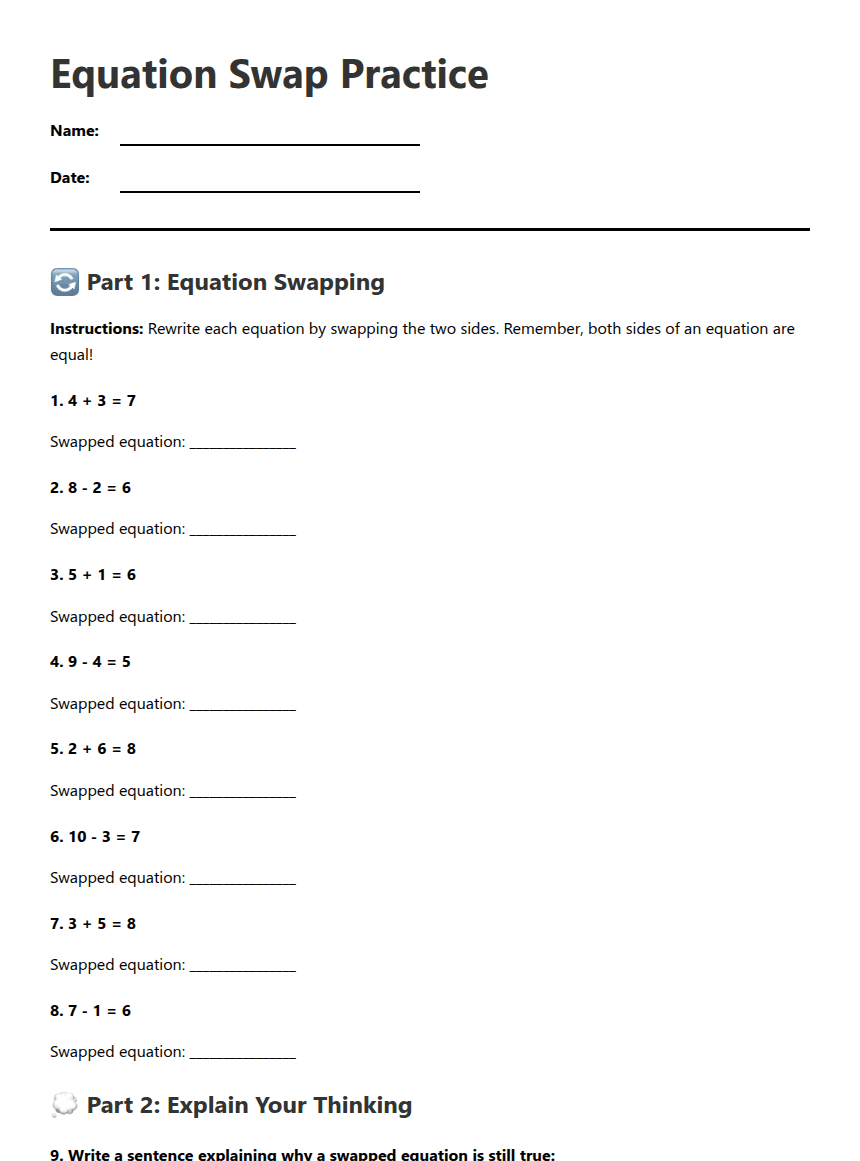 Equation Swap Practice worksheet preview