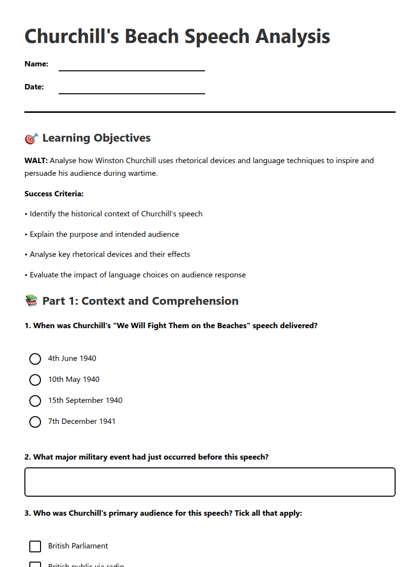 Churchill's Beach Speech Analysis worksheet preview