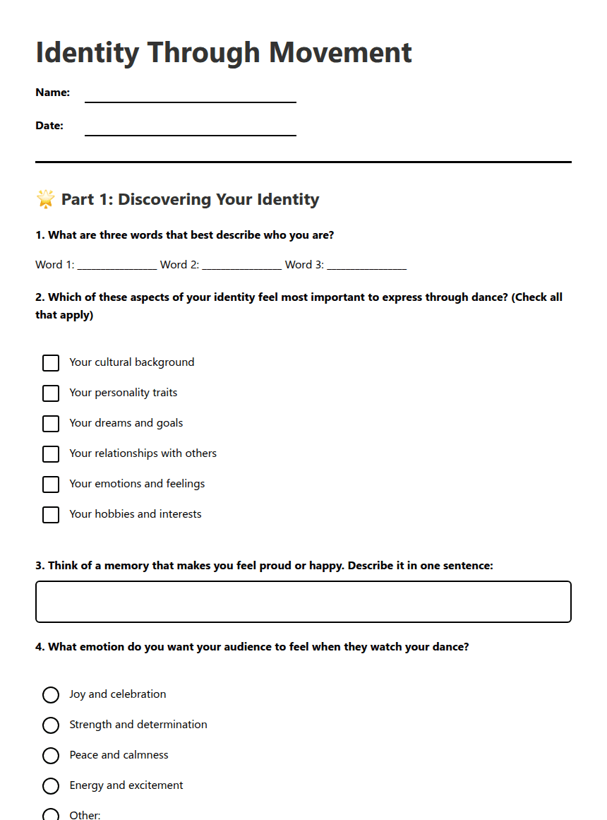Identity Through Movement worksheet preview