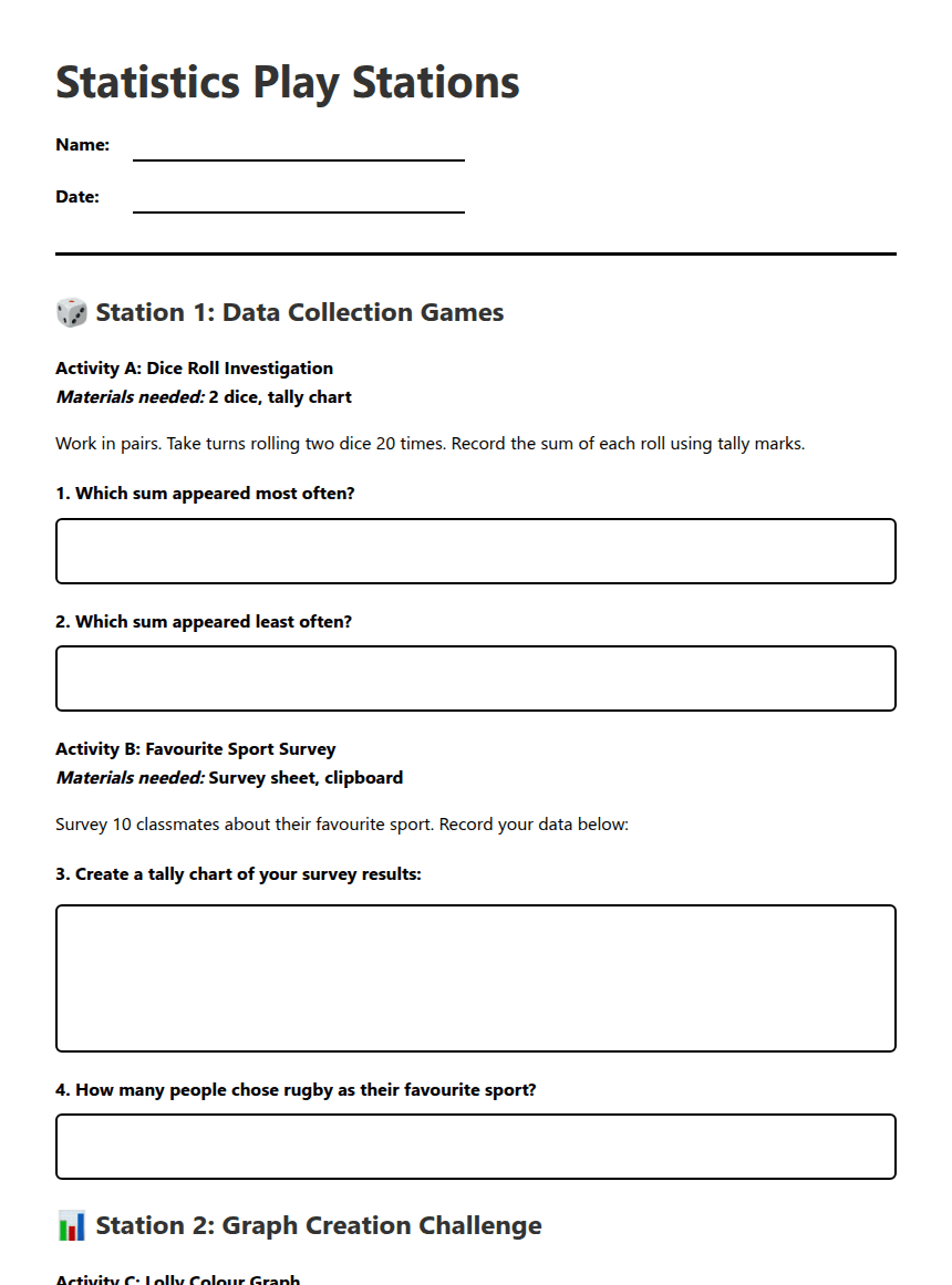 Statistics Play Stations worksheet preview