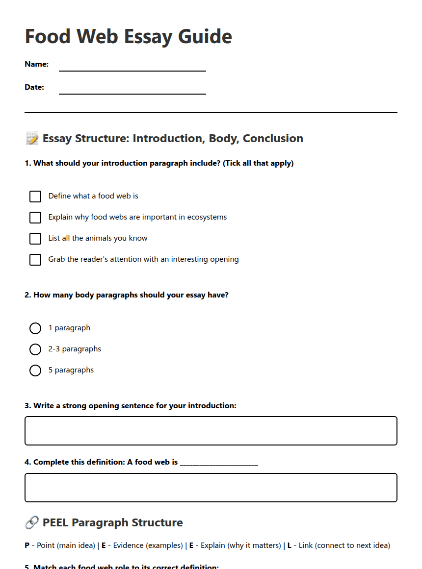 Food Web Essay Guide worksheet preview