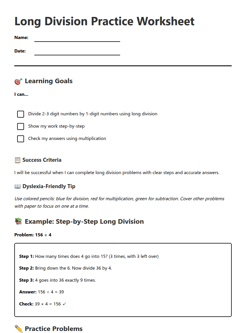 Long Division Practice Worksheet worksheet preview