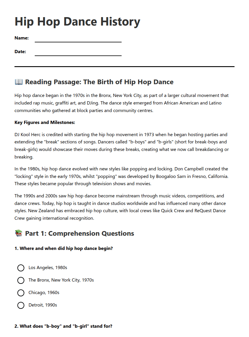 Hip Hop Dance History worksheet preview