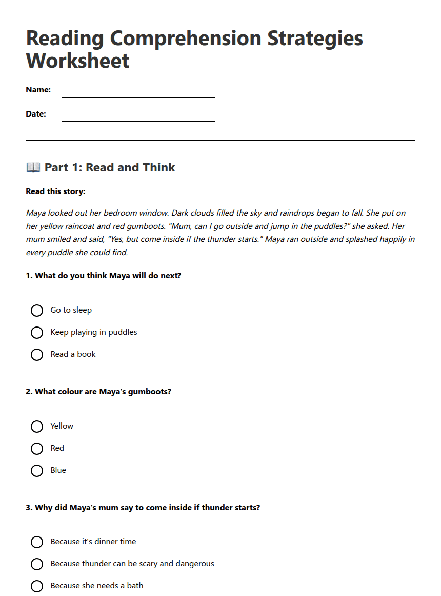 Reading Comprehension Strategies Worksheet worksheet preview