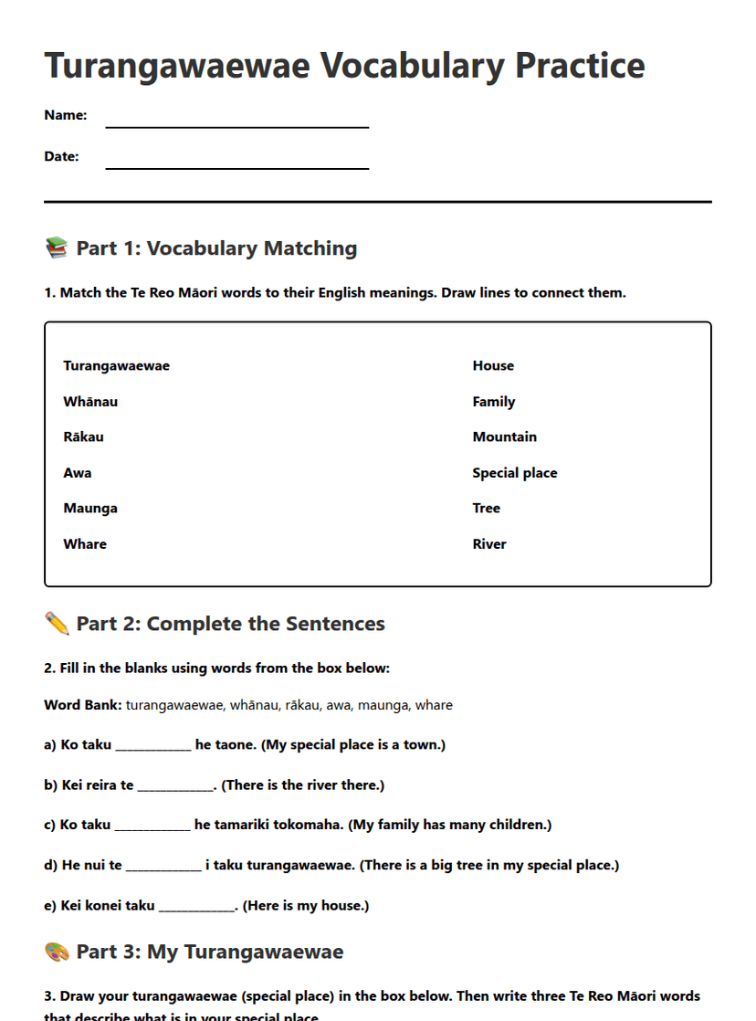 Turangawaewae Vocabulary Practice