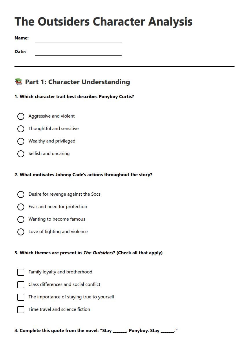 The Outsiders Character Analysis worksheet preview