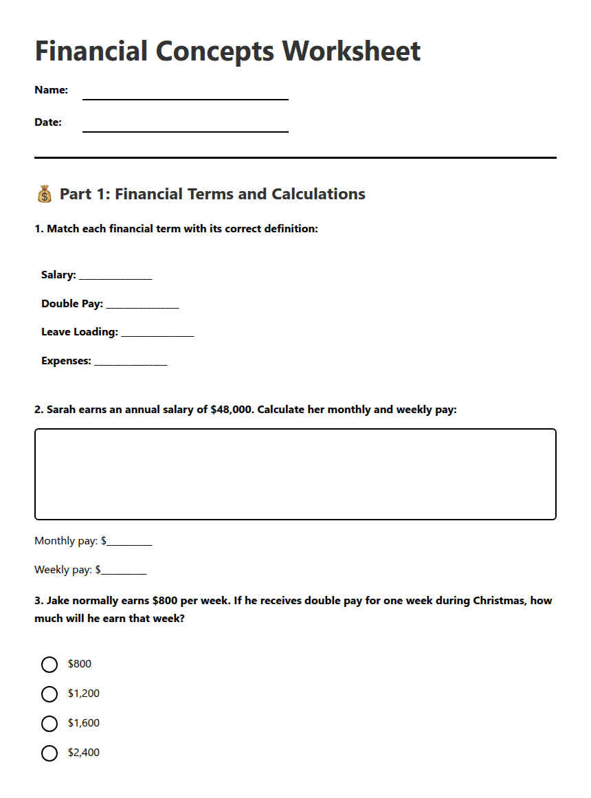 Financial Concepts Worksheet worksheet preview