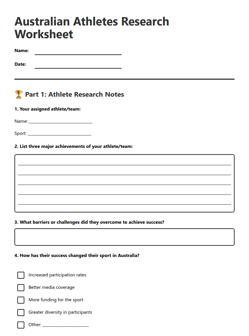 Australian Athletes Research Worksheet worksheet preview