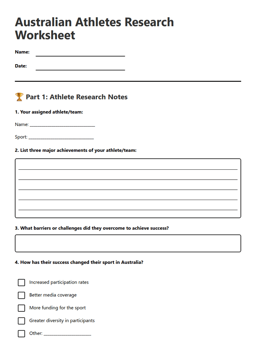 Australian Athletes Research Worksheet