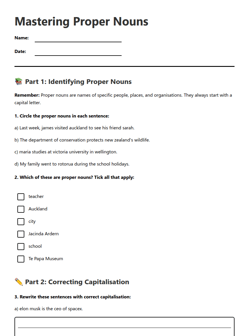Mastering Proper Nouns worksheet preview