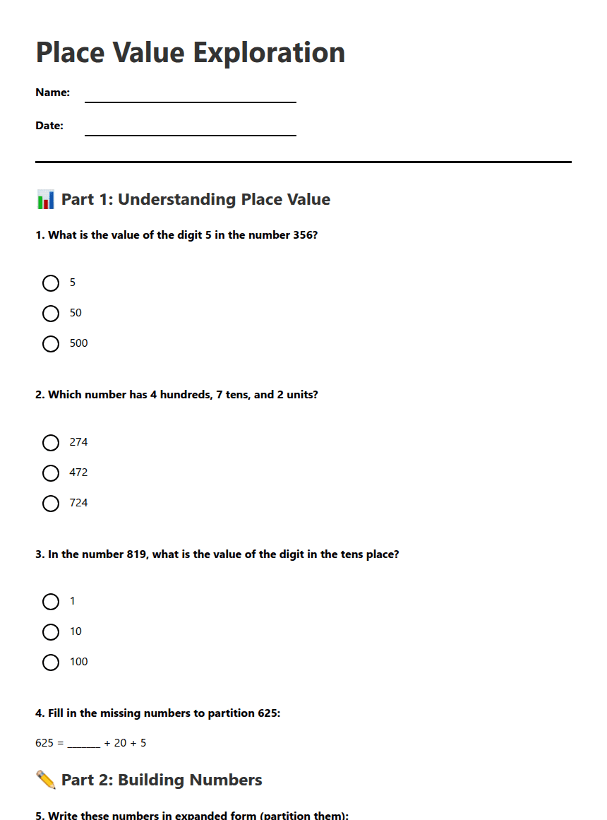 Place Value Exploration worksheet preview