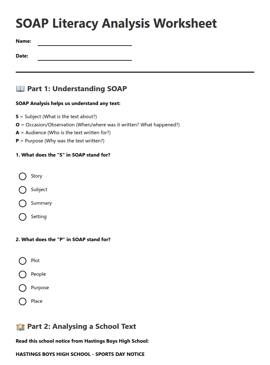 SOAP Literacy Analysis Worksheet worksheet preview