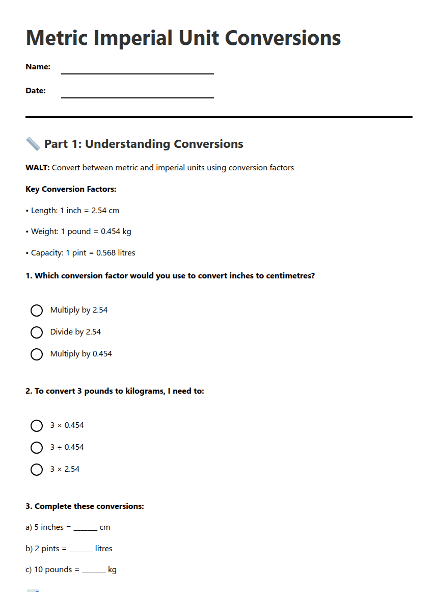 Metric Imperial Unit Conversions worksheet preview