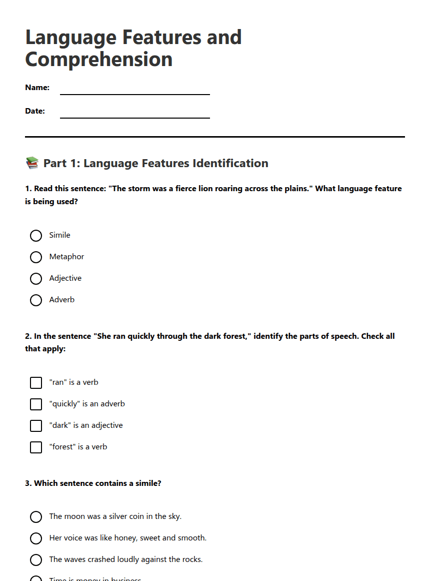 Language Features and Comprehension worksheet preview