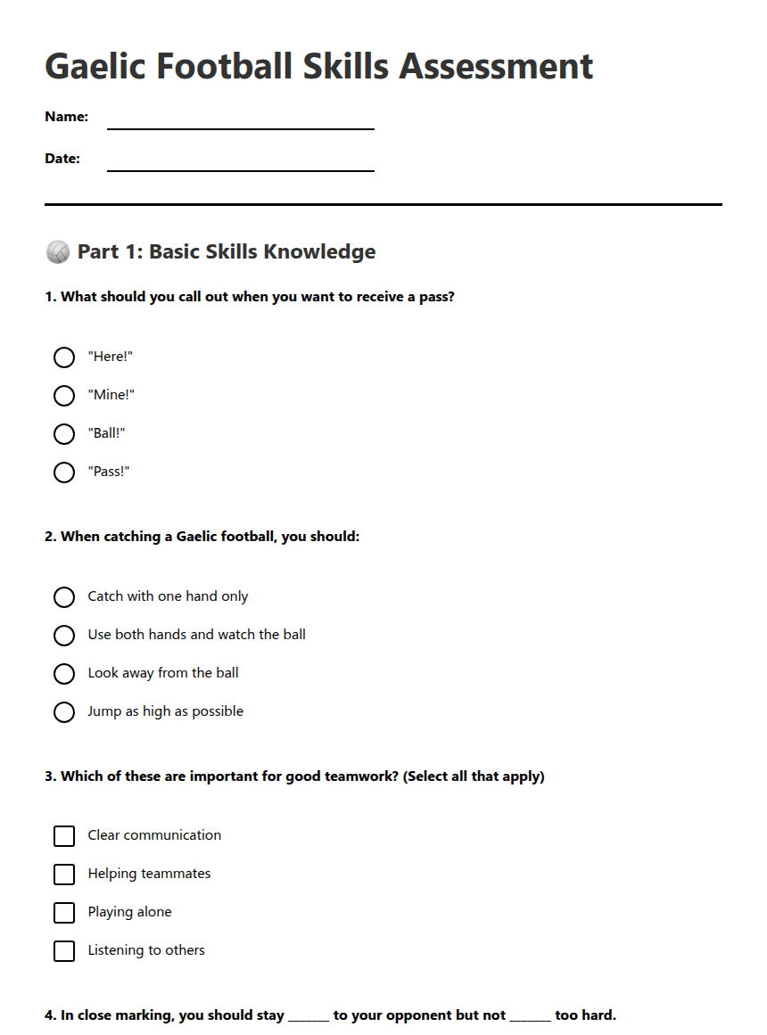 Gaelic Football Skills Assessment worksheet preview