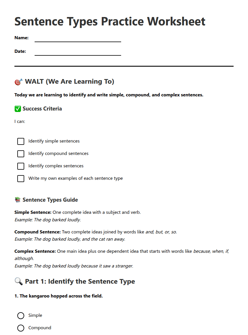 Sentence Types Practice Worksheet worksheet preview