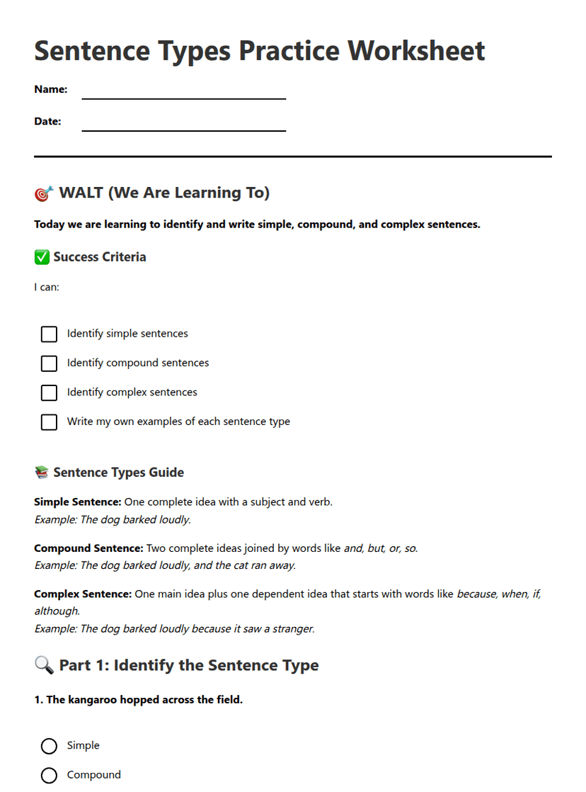 Sentence Types Practice Worksheet
