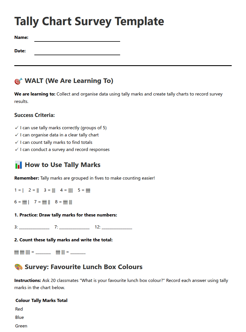 Tally Chart Survey Template worksheet preview