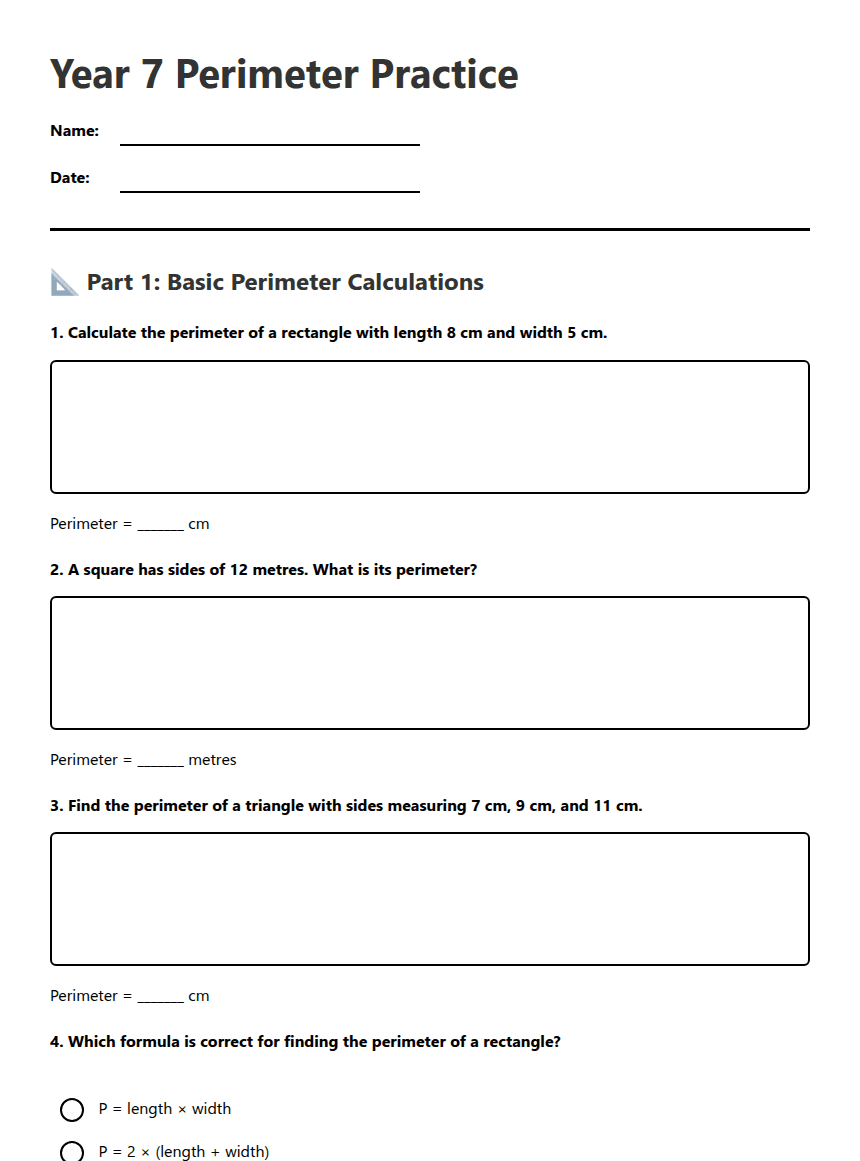 Year 7 Perimeter Practice worksheet preview