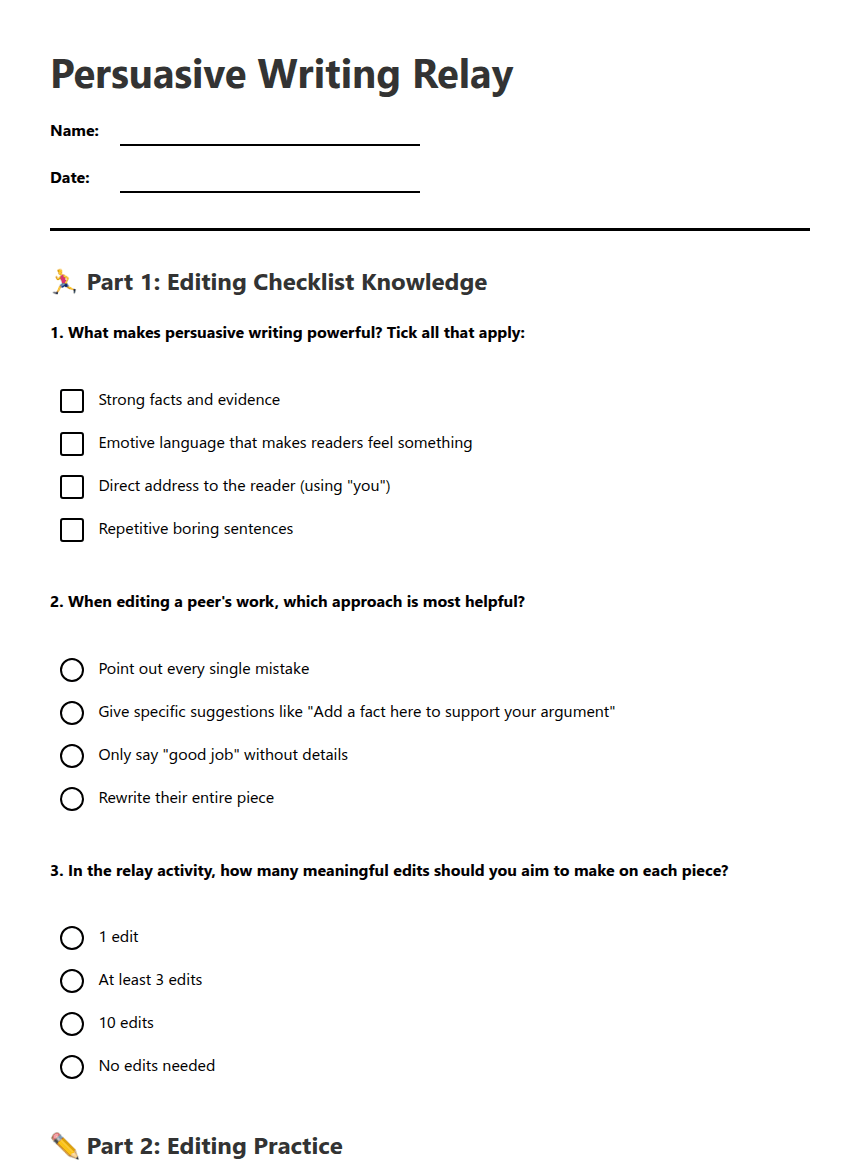 Persuasive Writing Relay worksheet preview
