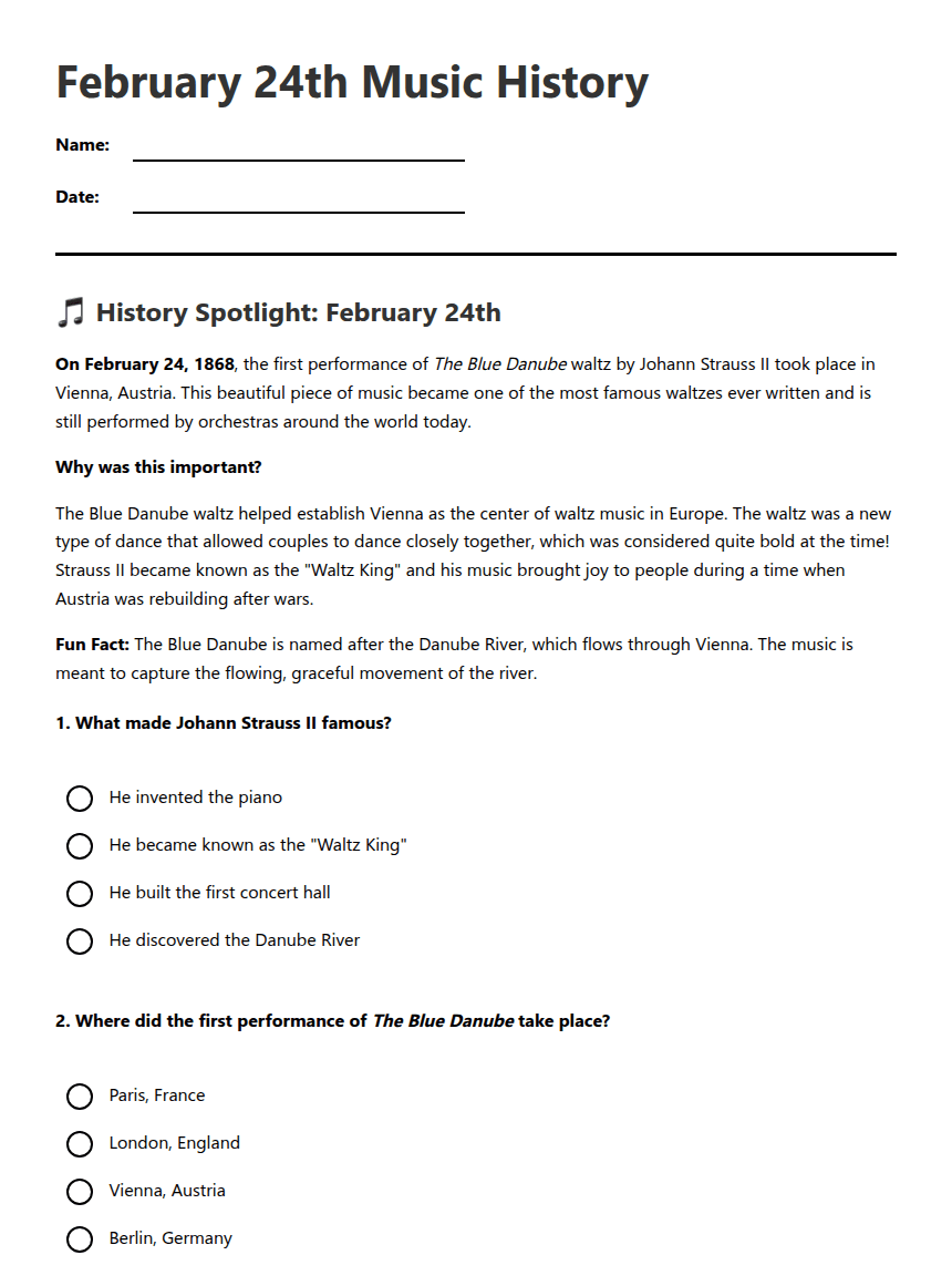 February 24th Music History worksheet preview