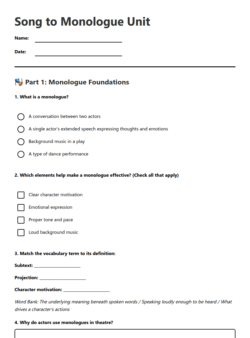 Song to Monologue Unit worksheet preview