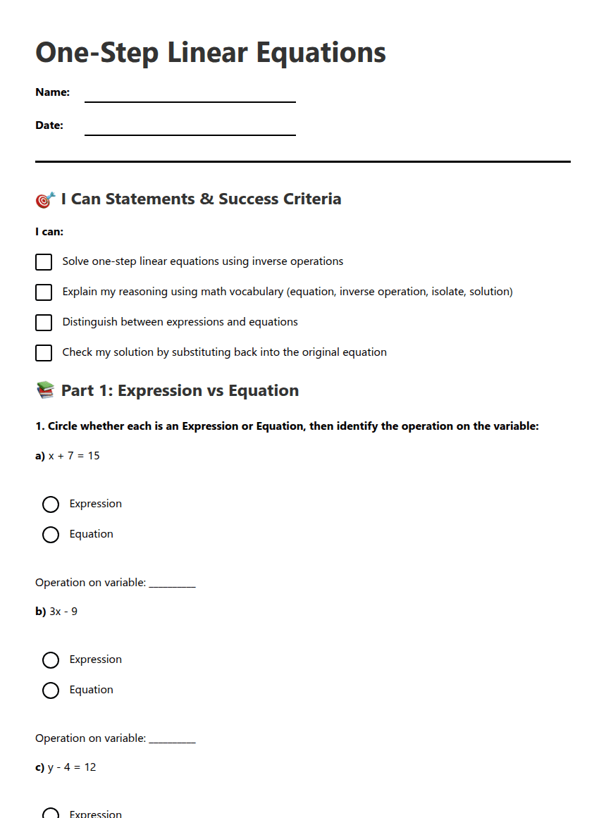 One-Step Linear Equations worksheet preview