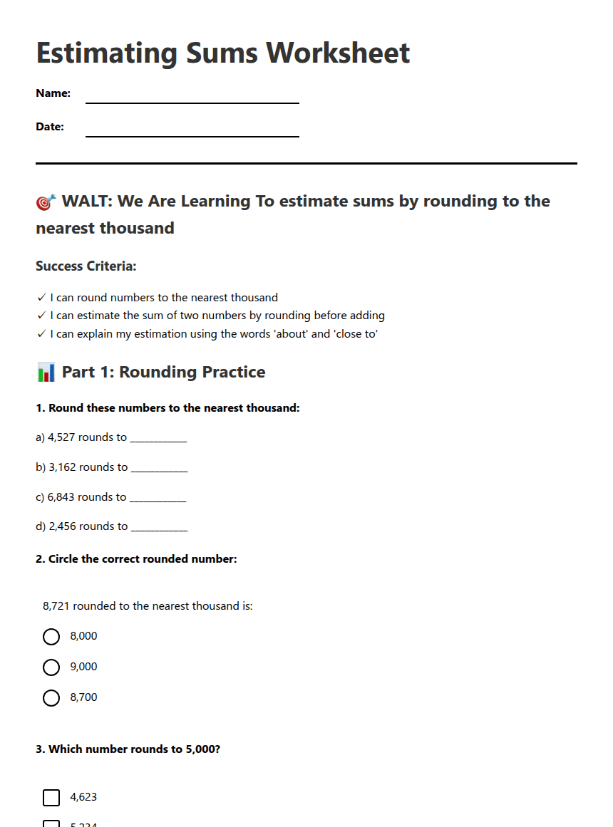 Estimating Sums Worksheet worksheet preview