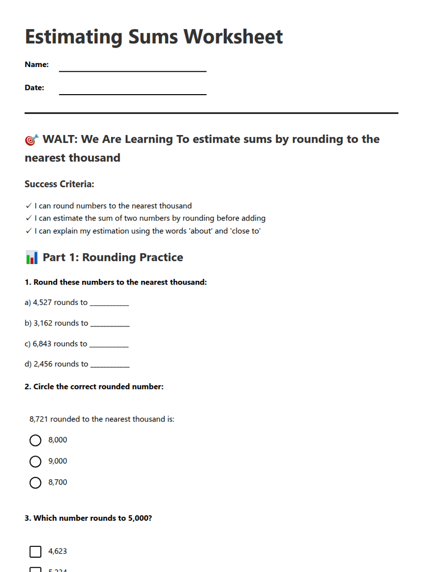 Estimating Sums Worksheet